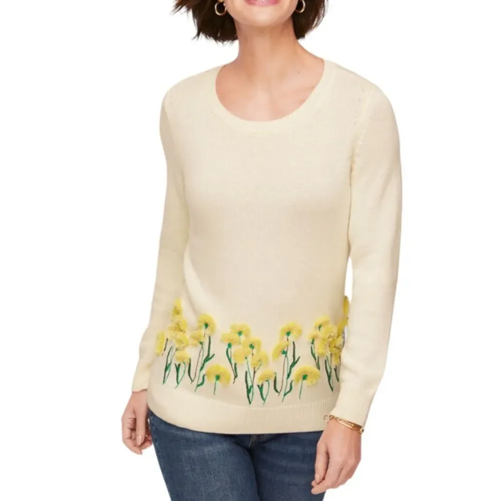 Talbots Ivory Yellow Floral Embroidered Sweater
